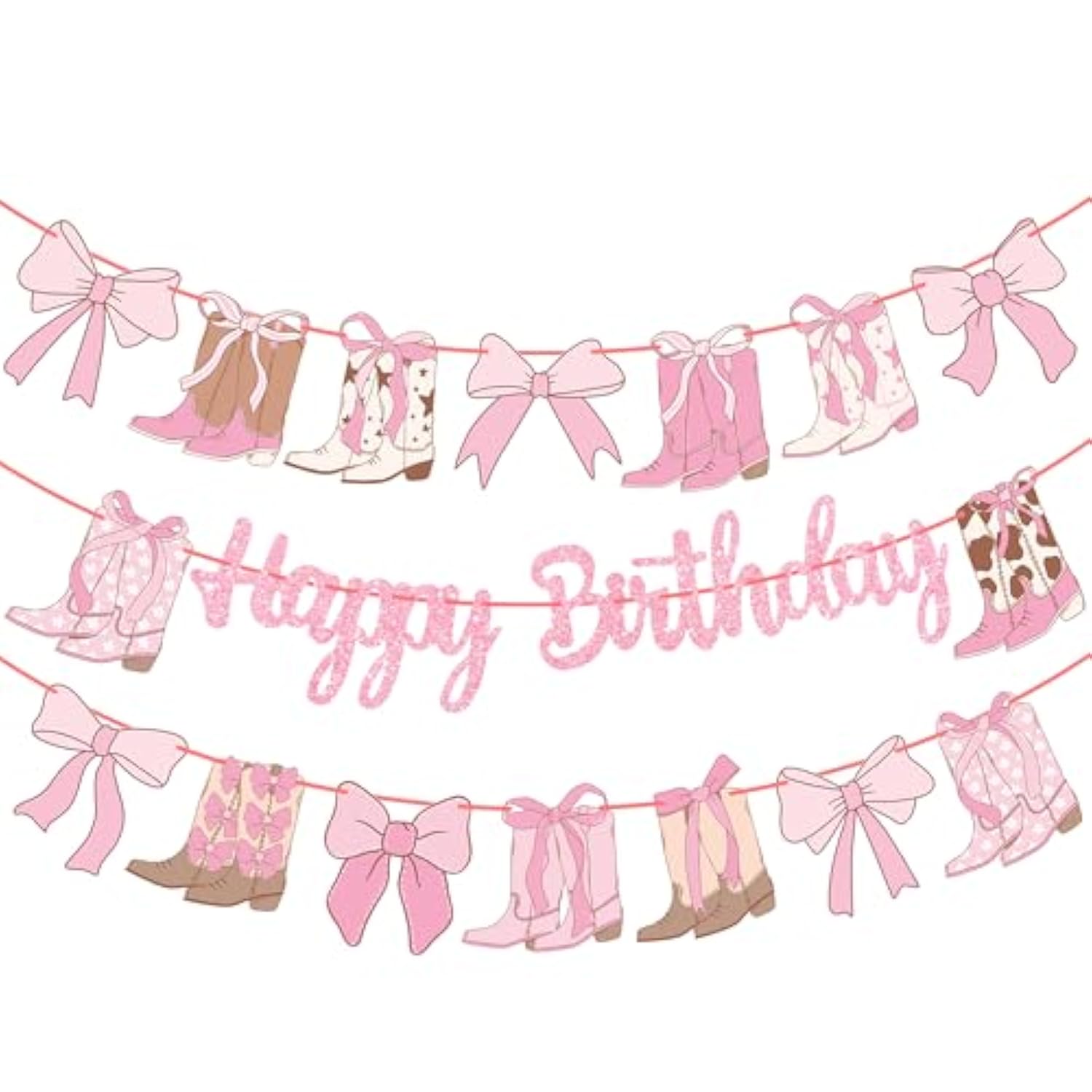 3Pc Coquette Cowgirl Birthday Banners Pink Glitter Boots & Bows Western Decor