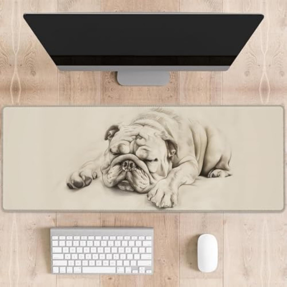 Sleeping Bulldog Gaming Mouse Pad, Cut Puppy Large Desk Mat For Computer, Extended Keyboard Laptop Mouse Pads 31.5×11.8In, Non Slip Rubber Adorable Dog Mousepad For Office Decor Gifts