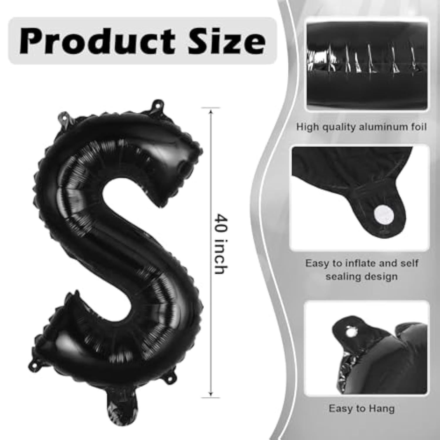 Black Letter S Balloons, 40 Inch Large Foil Letter Balloons, Custom Phrase Balloon For Birthday Party Wedding Anniversary Decoration (Black S)