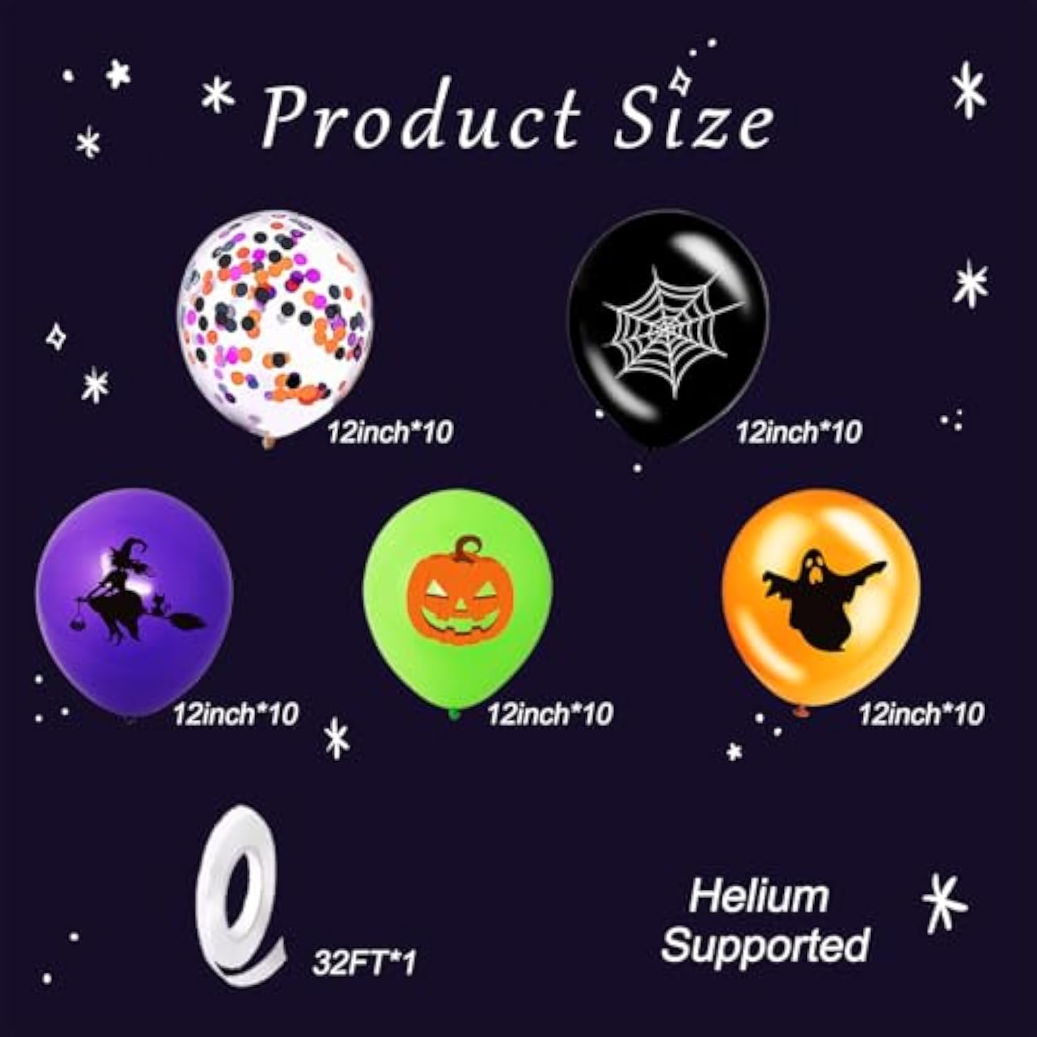 50 Pack 12 Inch Halloween Balloons Black Orange Green Purple with Spooky Designs