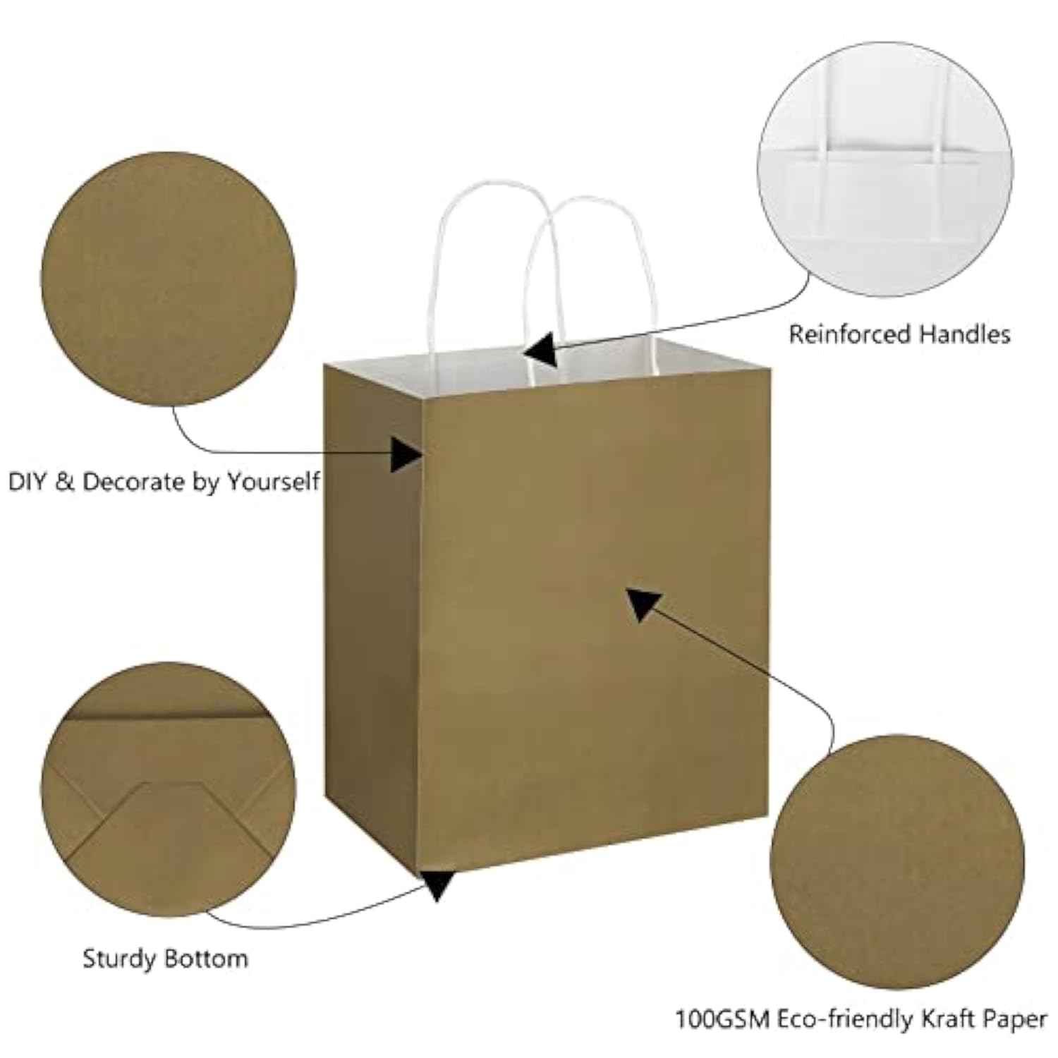 50 Pack 8X4.75X10 Inch Medium Gold Kraft Paper Bags With Handles Bulk, Gift Wrap Bags For Favors Grocery Retail Party Birthday Shopping Business Goody Craft Merchandise Take Out Sacks