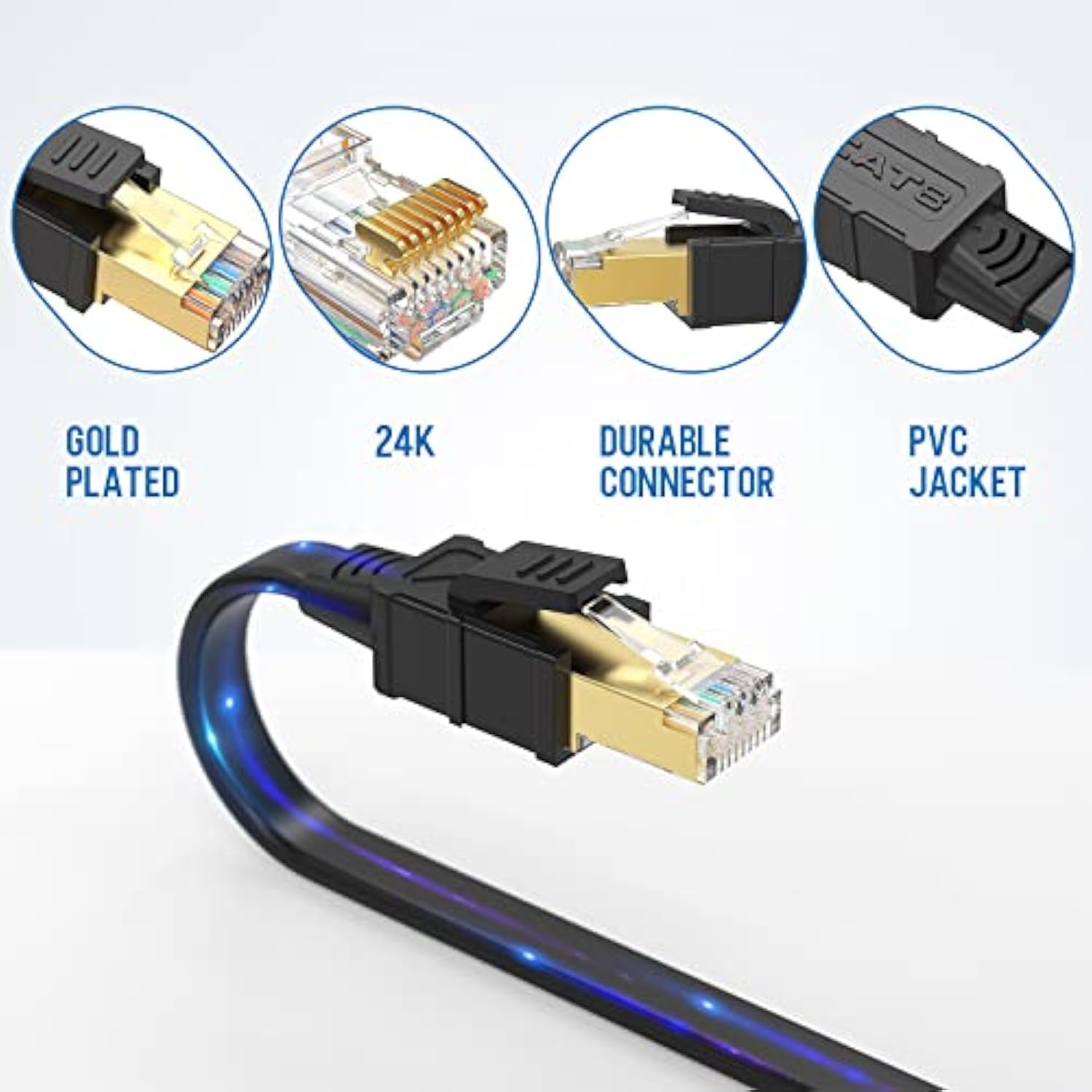 Cat8 Ethernet Cable 9Ft, High Speed Flat Internet Lan Cable 40Gbps 2000Mhz Wit