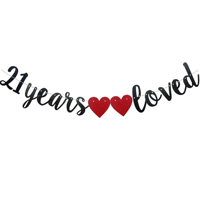 21 Years Loved Banner,Pre-Strung, Black Paper Glitter Party Decoration