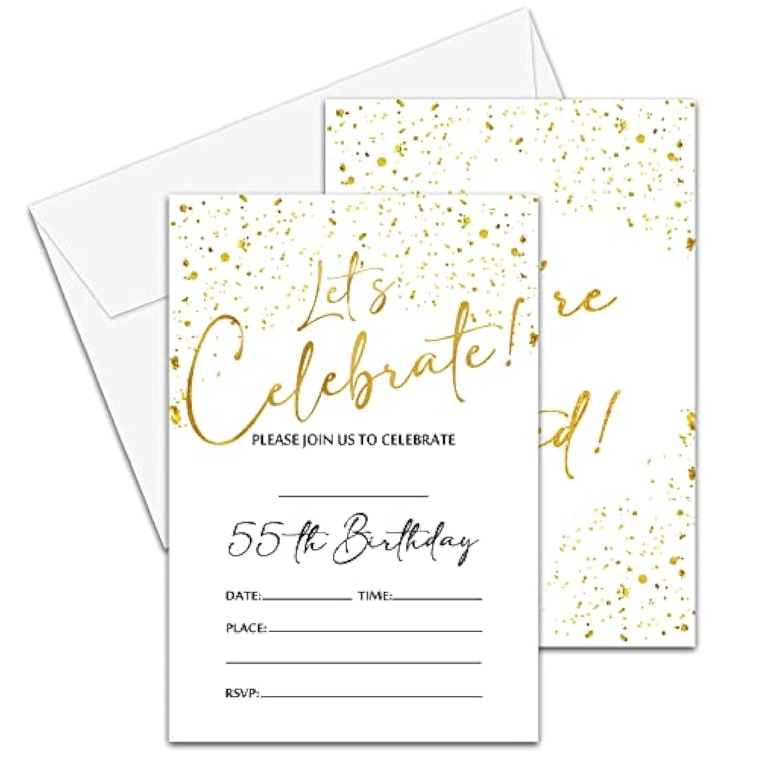 55Th Birthday Invitations Cards, 4"X 6" White And Gold Confetti Birthday Party Invites With Envelopes For Party Decorations Supplies(20 Pieces) -D14