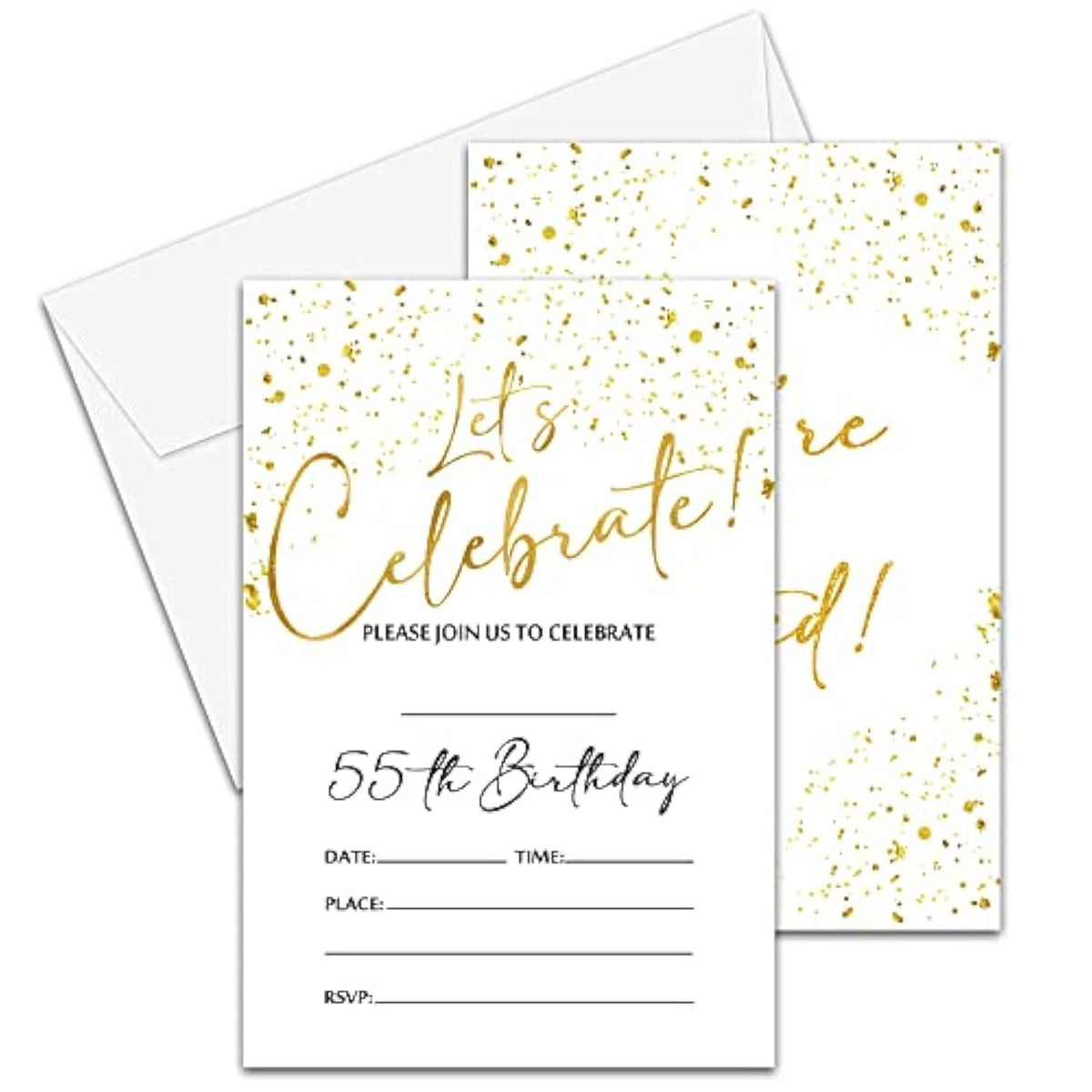 55Th Birthday Invitations Cards, 4"X 6" White And Gold Confetti Birthday Party Invites With Envelopes For Party Decorations Supplies(20 Pieces) -D14
