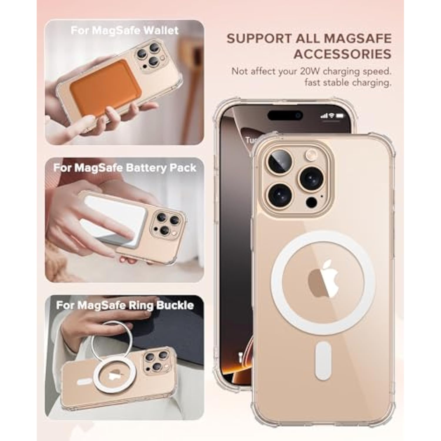 For Iphone 16 Pro Case, Compatible With Magsafe, Women Crystal Clear Cute Shockproof Hard Magnetic Phone Cover, [Not-Yellowing] With Screen Protector & Camera Lens Protector 6.3", Transparent