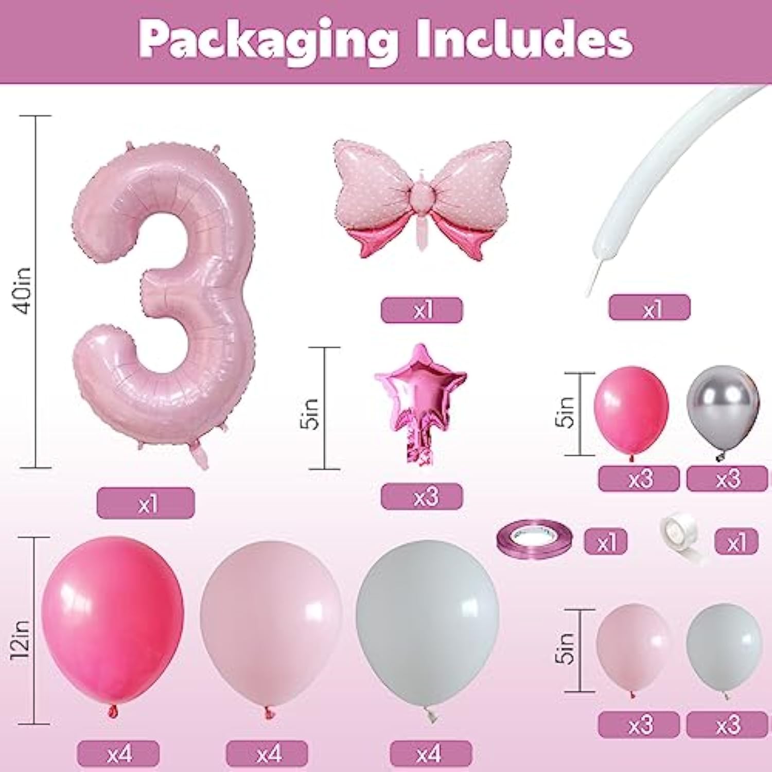 30pcs 40" Pink Number 3 Balloons for Girl's 3rd Birthday Party Decor