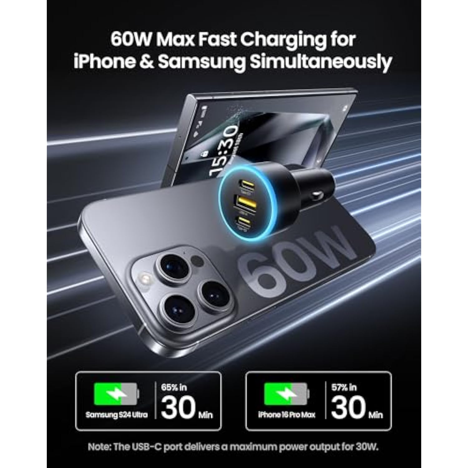 60W 3-Port Usb C Car Charger - Pd30W & Qc3.0 Fast Charging, Multi Device Compatible, Led Indicator, Durable Design, Safety Certified For Iphone 16/15/14/13/12 Series