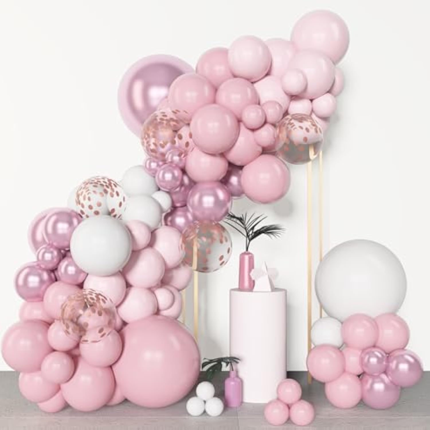 Pink and White Balloon Arch Kit 153pcs Pastel, Confetti & Metallic for Parties and Showers