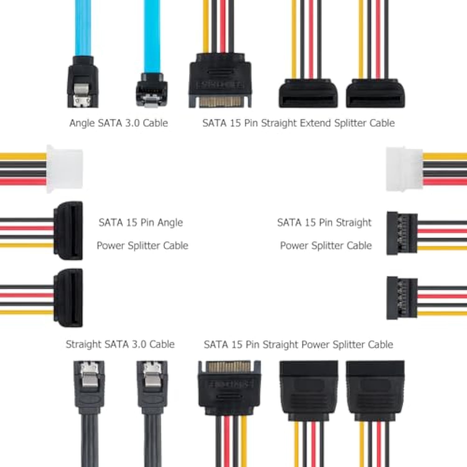 Set Of 6, Sata Power Splitter Cord And Sata Iii Cable 6.0 Gbps, Straight And 9