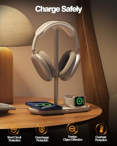 Headphone Stand, 2-in-1 Wireless Charger for iPhone/ Watch, Aluminum Alloy Rod, Minimalist Desk Organizer, White