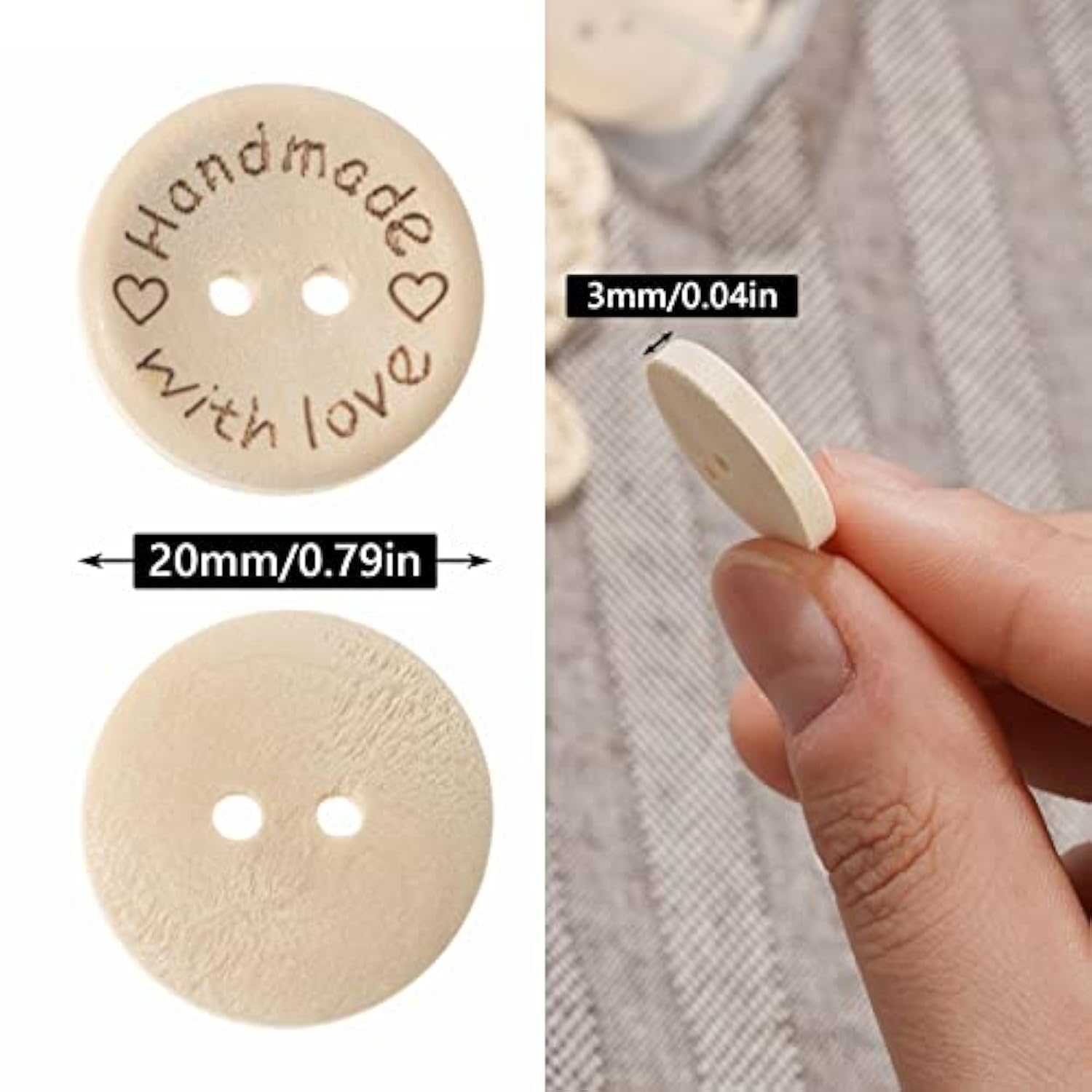 100Pcs Cute Wooden Craft Buttons 2 Holes 'Handmade With Love' Tags Lab