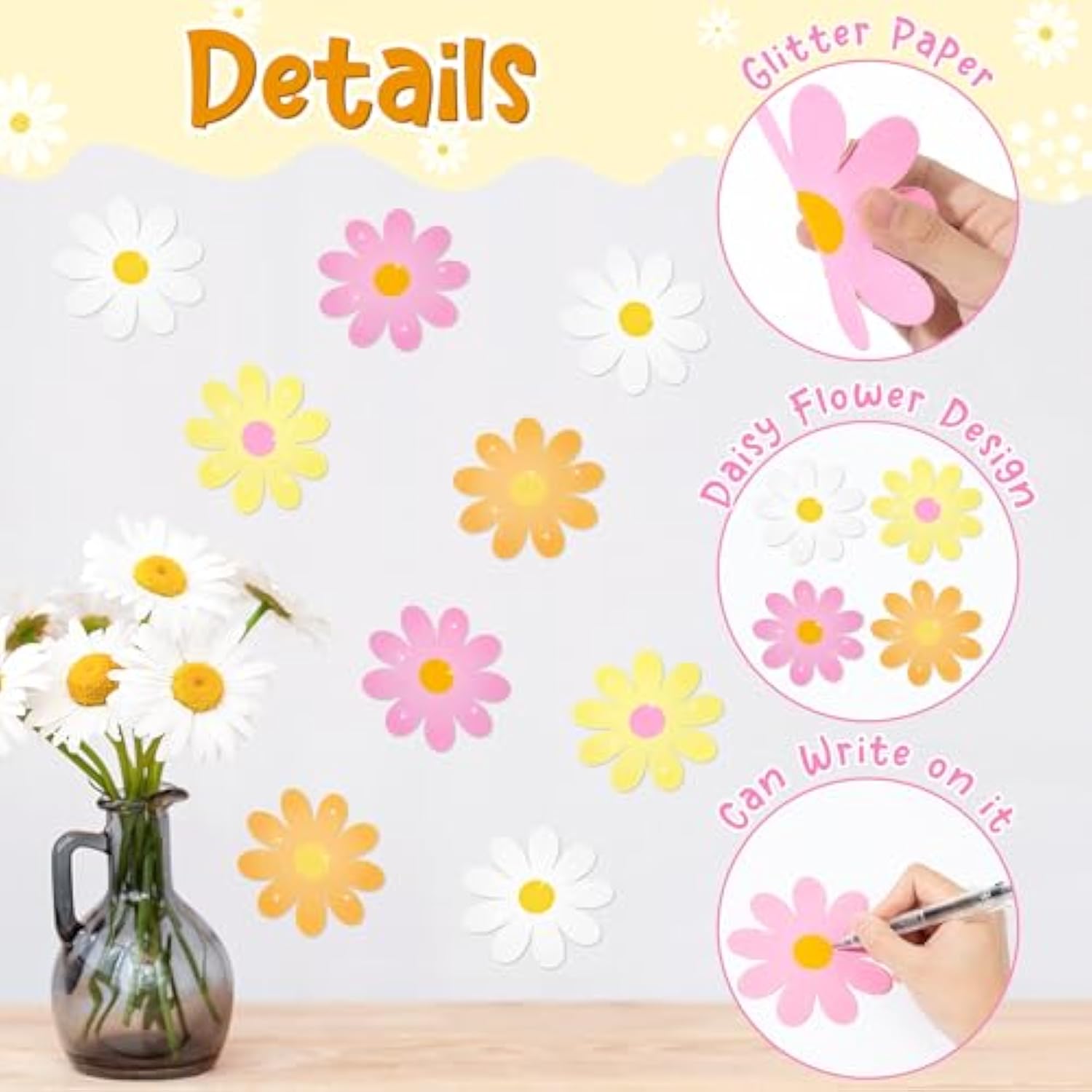 Spring Daisy Flower Paper Cutouts-100Pcs Glitter Daisy Flower Cutouts Decorations Diy Paper Cuts Party Decor For Spring Bulletin Board Boho Groovy Retro Themed Birthday Party Wall Decorations Favor