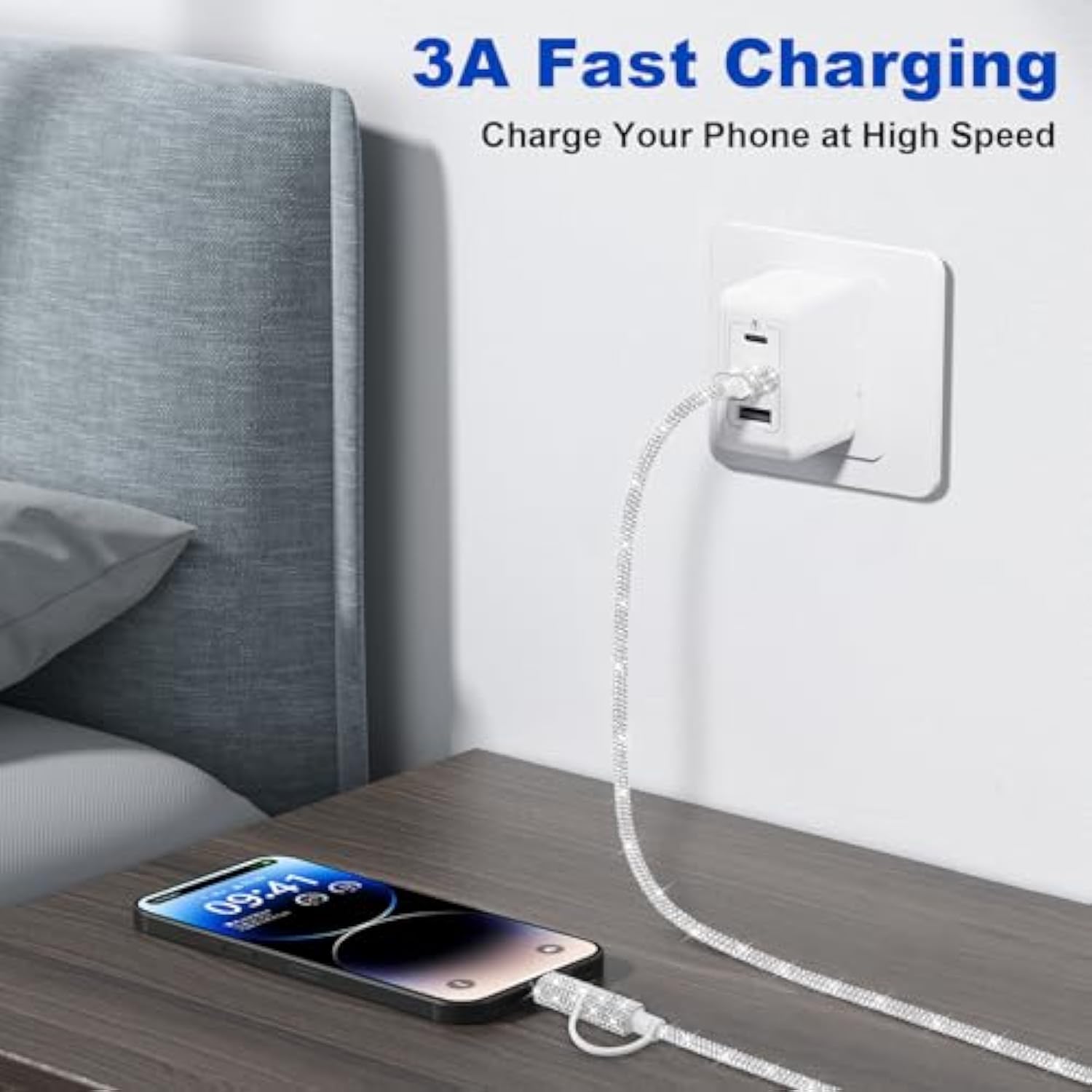 Usb C Cable For Iphone Charging Cord [Mfi Certified] 2 In 1 Multi Fast Charging Cable Usb A To Usb C/Phone Bling Sparkling Diamond Cable For Women 4Ft For Iphone 16, Galaxy S25-Silver