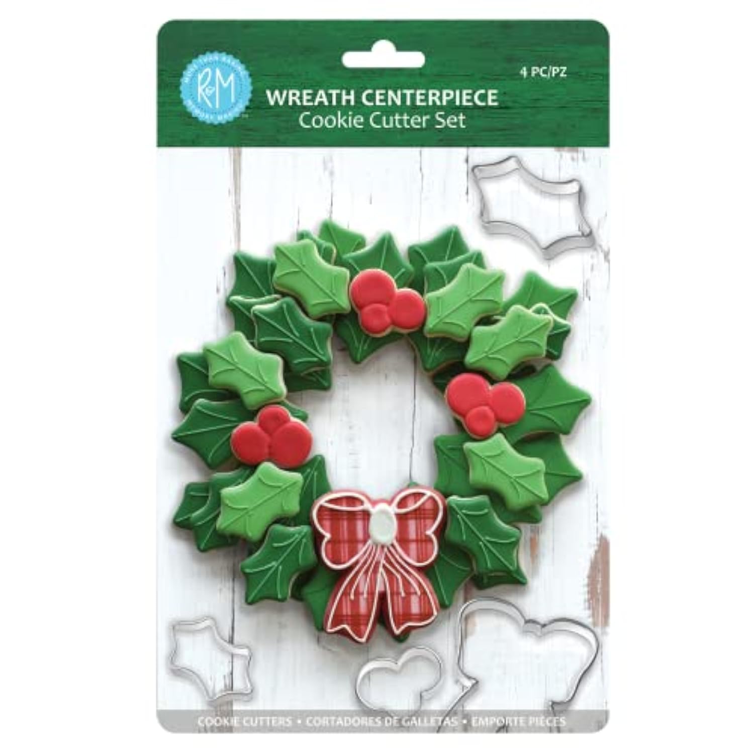 International 2030 Christmas Holiday Wreath Centerpiece Cookie Cutters, Holly Leaves, Berries, Holiday Bow, 4-Piece Set