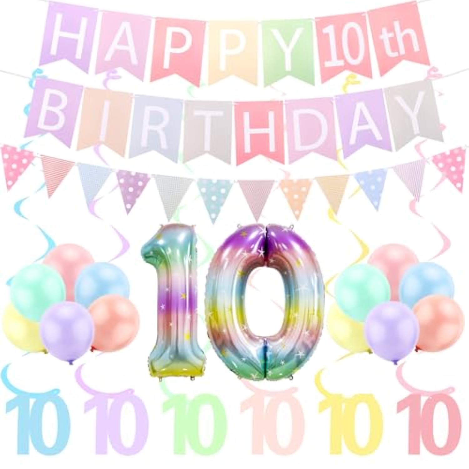 10Th Birthday Decorations For Girl Pre Strung Banner Pennants Pastel Macaron Birthday Decor For 10 Year Old Girl
