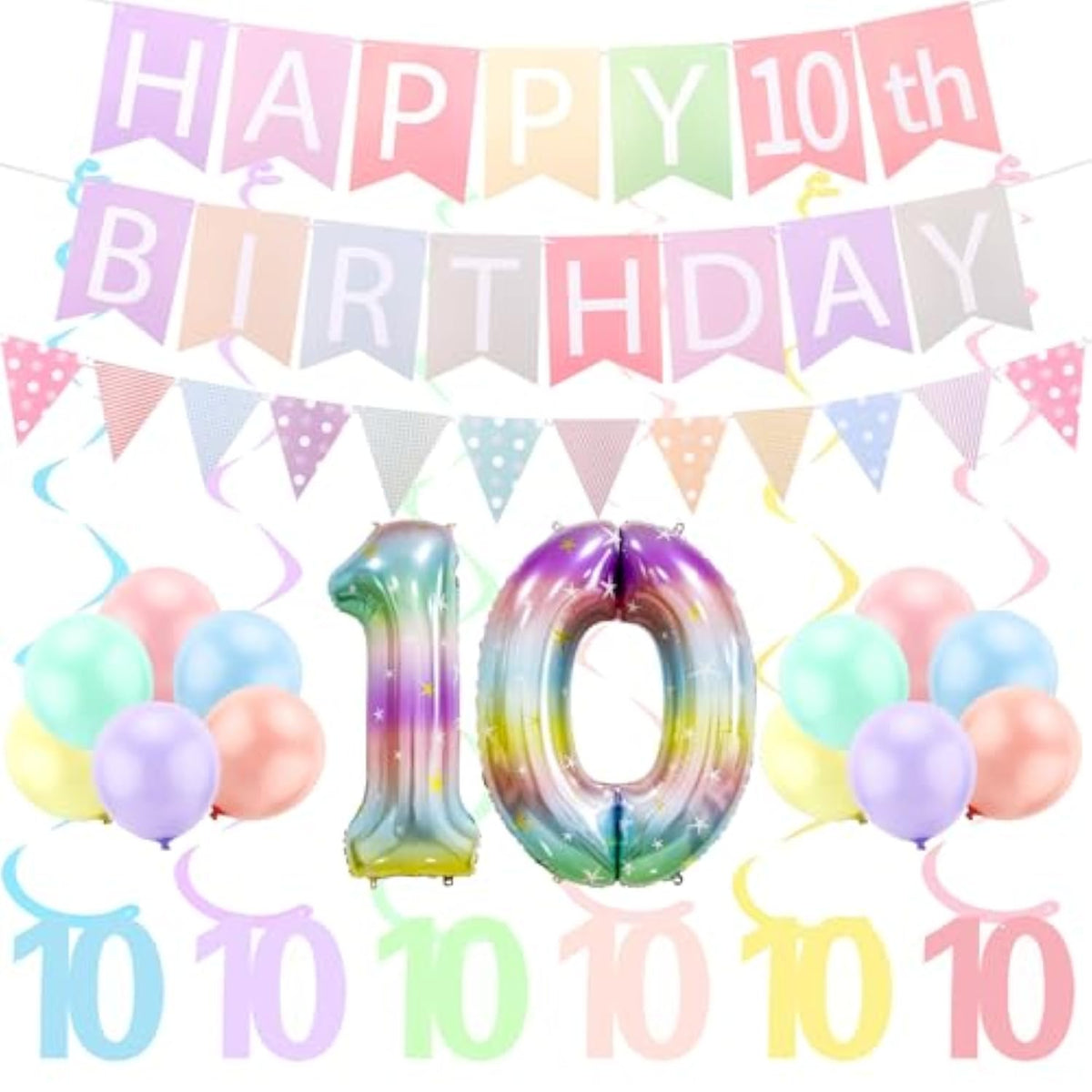 10Th Birthday Decorations For Girl Pre Strung Banner Pennants Pastel Macaron Birthday Decor For 10 Year Old Girl