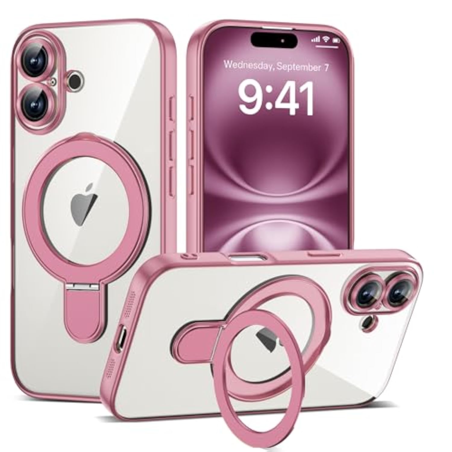 Clear Phone Case for iPhone 16 with Stand 6.1 Inch, Pink