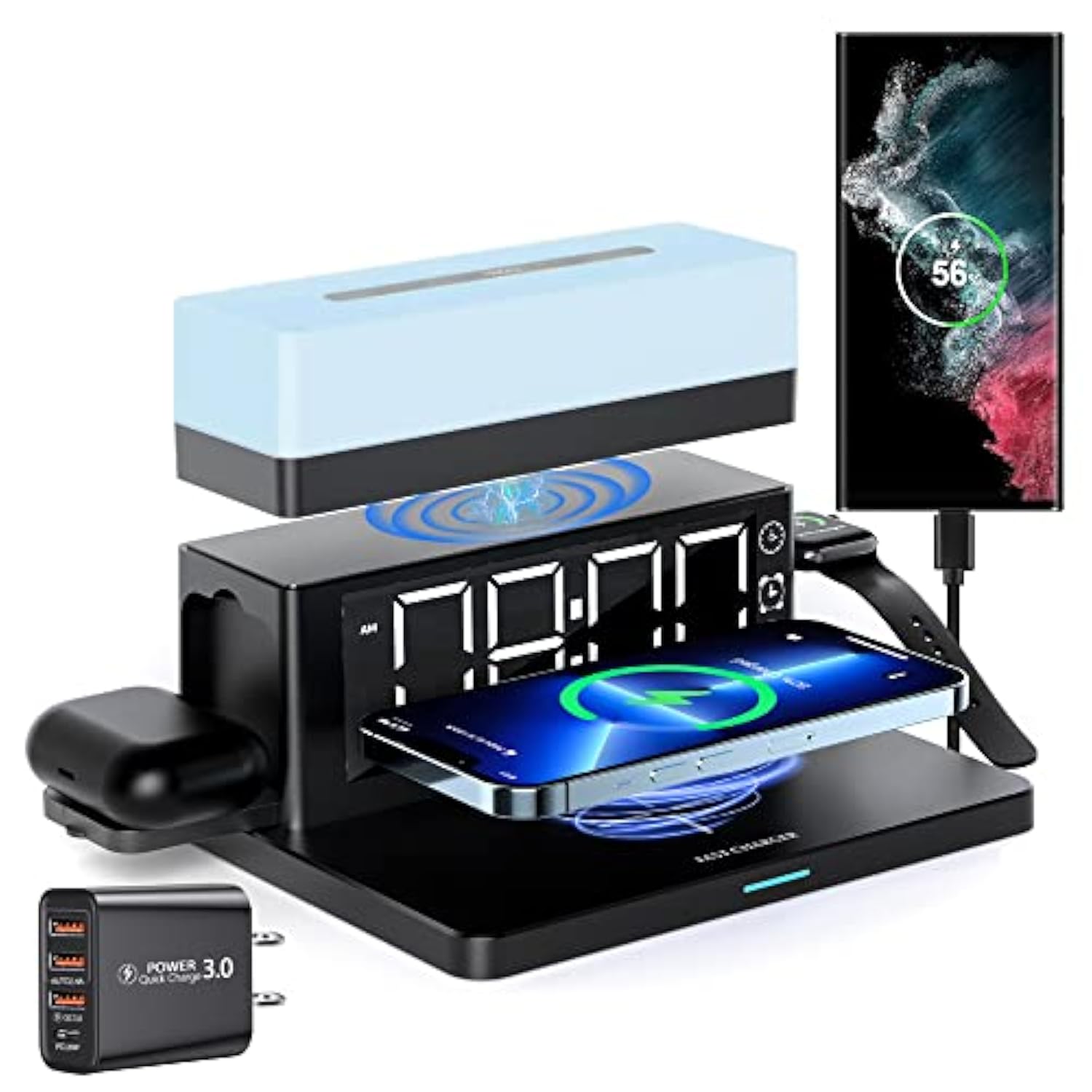 Wireless Charger,6 In 1 Wireless Charging Station With Digital Alarm Clock & Night Light,15W Fast Charger Compatible With Iphone 14/13/12/11/Xs Samsung Galaxy Airpods & Apple Watch (Black)