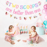 Ice Cream Twin First Birthday Decorations With Two Scoops Are Better Than One Banner And Garland, Summer Ice Cream Themed 1St 2Nd Birthday Party Supplies Pink For Girls