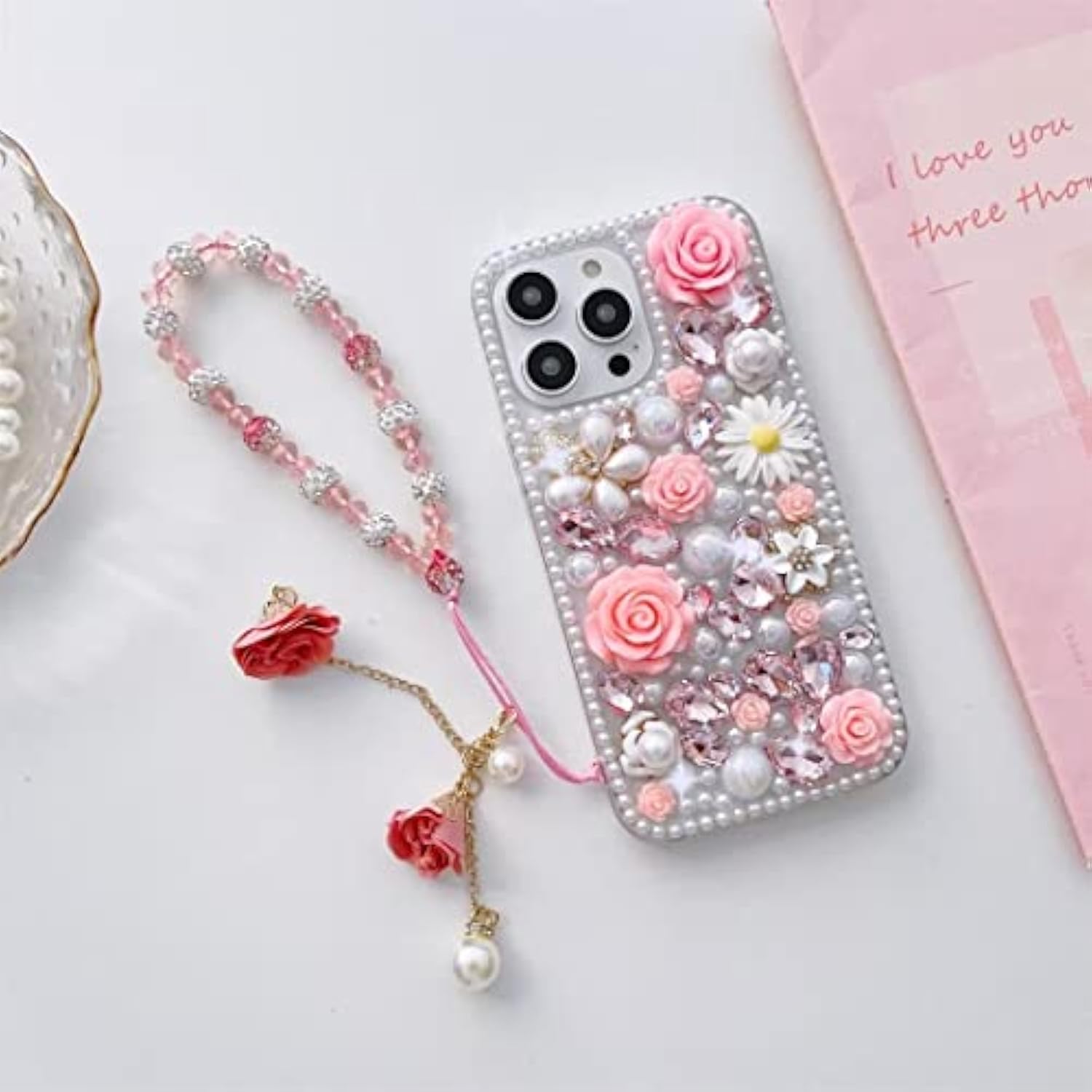 For Iphone 12/12 Pro Bling Case,Luxury Crystal Rhinestone Flowers Glitter Diamond Pearl Women Girls Kids Case Cover With Lanyard For Iphone 12/12 Pro 6.1 Inch