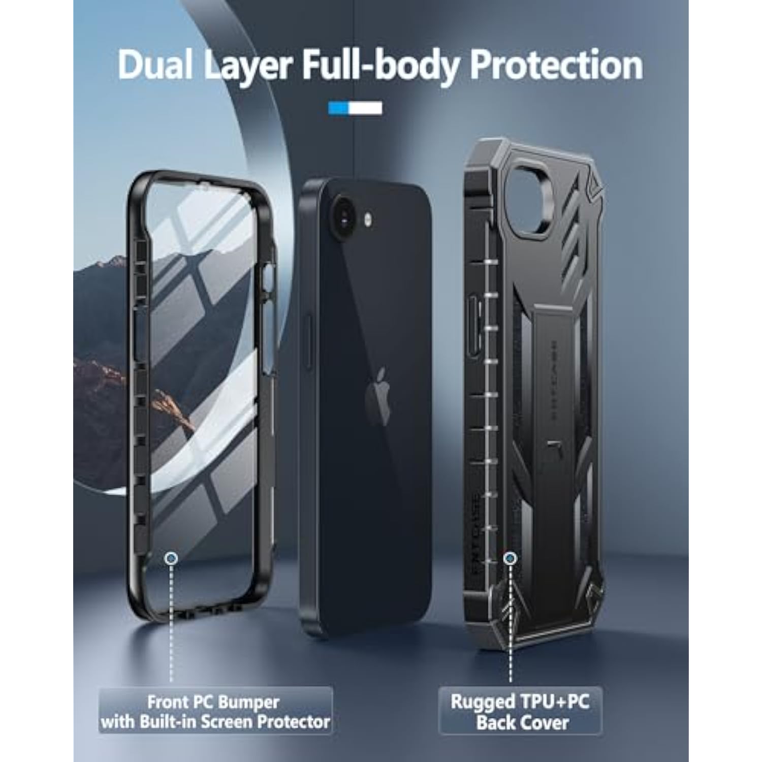 For Iphone 16E Phone Case: Military Grade Drop Proof Protection Mobile Cover With Kickstand | Matte Textured Rugged Shockproof Tpu | Protective Sturdy Iphone 16E Cases 2025 - Black
