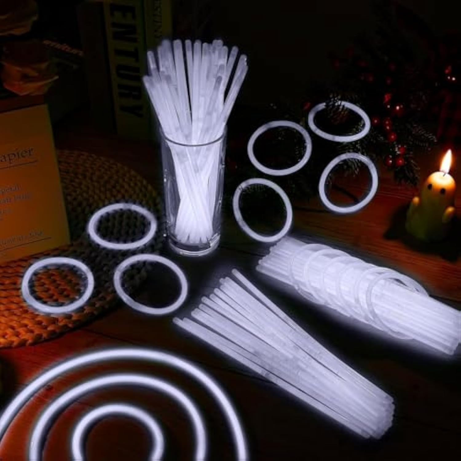 40 Pack 8” White Glow Sticks Bracelet Necklaces Bulk With 40 Connectors Neon Glow In The Dark Party Favors Supplies For Holiday Birthday Party Decoration (White)