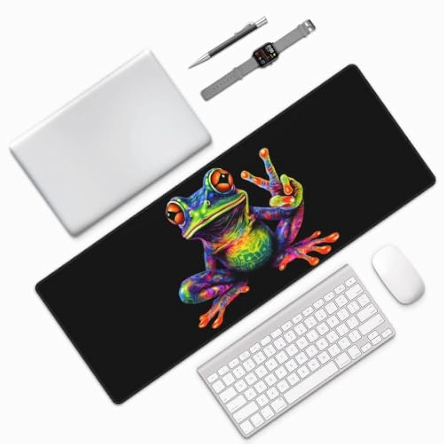 Laptop Mouse Pad Frog Colorful Peace Desk Mat With Stitched Edges 31.5X 11.8 Inch Non-Slip Large Keyboard Rubber Writing Table Mat For Office Home