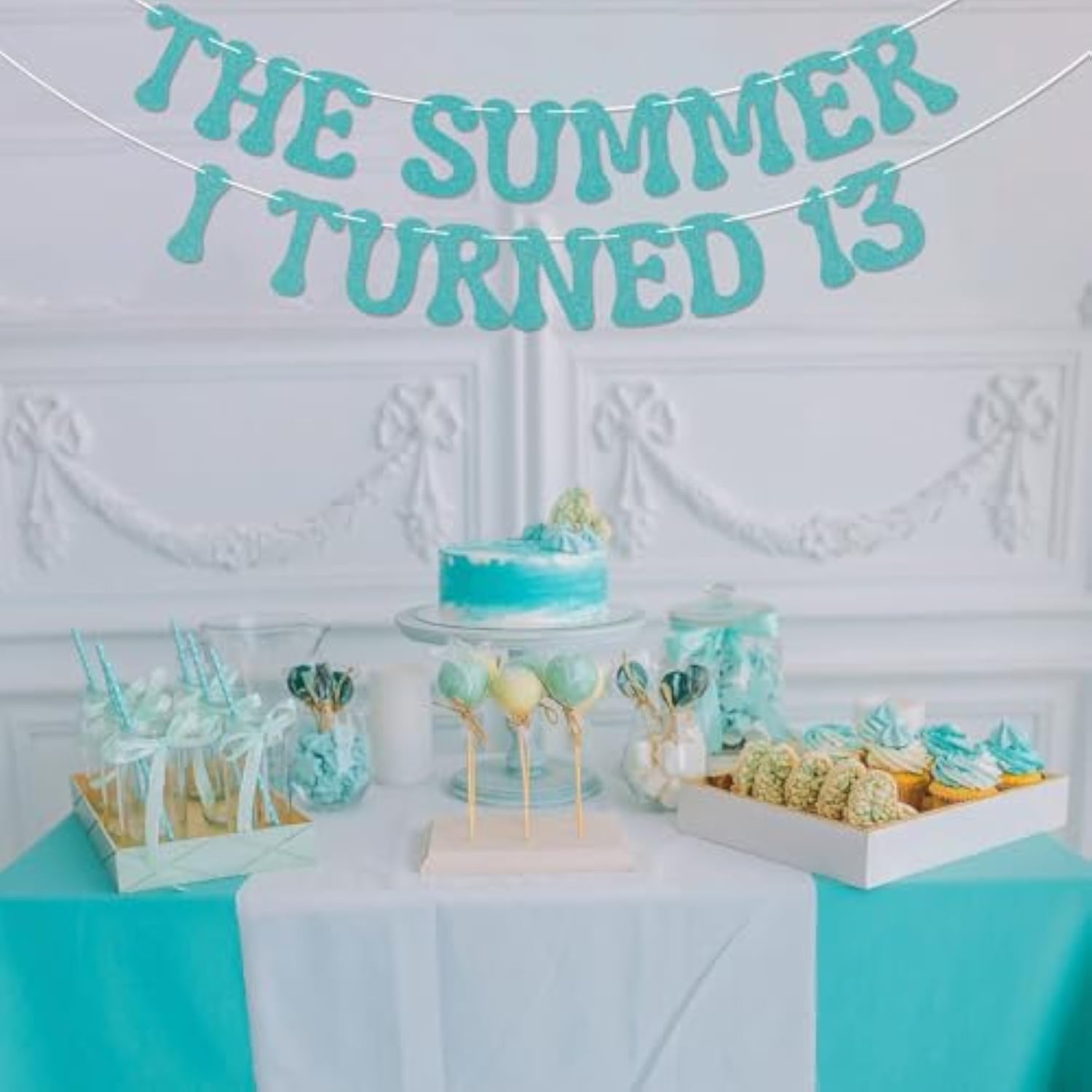 Summer I Turned 13 Banner, Blue Glitter Teen Boy 13th Birthday & Beach Decor