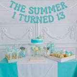 Summer I Turned 13 Banner, Blue Glitter Teen Boy 13th Birthday & Beach Decor