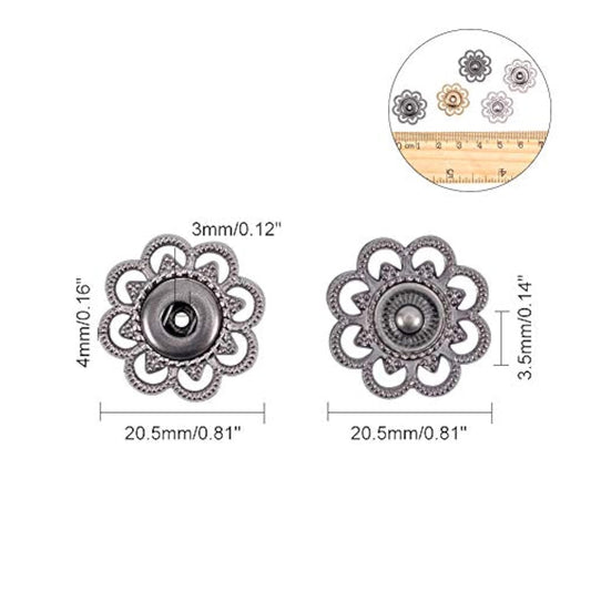 24 Sets Alloy Flower Snap Buttons, 3 Assorted Colors Vintage Metal Sew