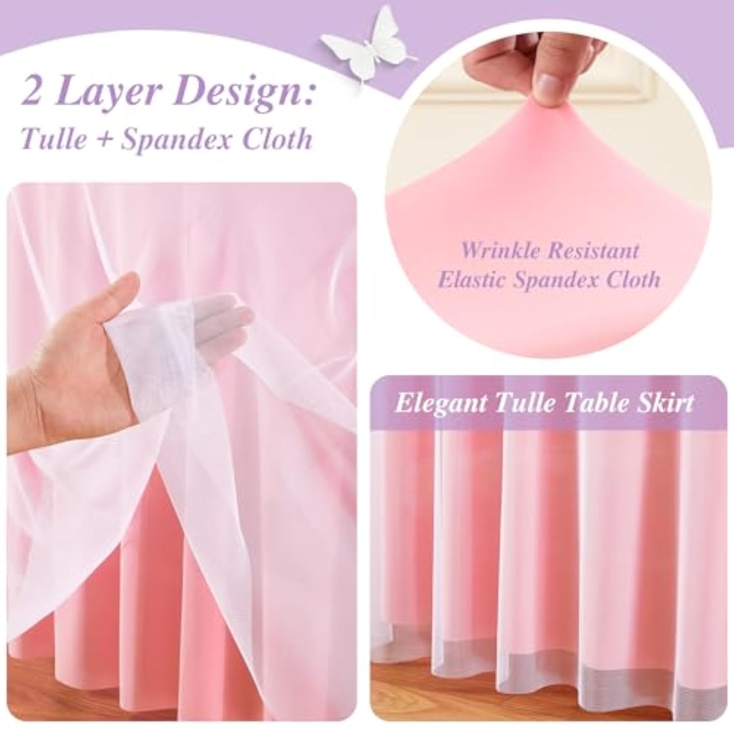 Pink Tulle Tablecloth 48 Inch Spandex Elastic Round Table Cloths Ruffle Tutu Skirt 4Ft Wrinkle Free Stretch Fitted Round Table Cover For Baby Shower Wedding Girls Birthday Party Banquet Cake