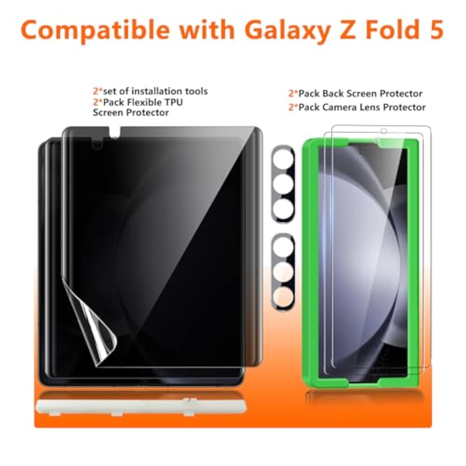[2Set 6Pcs Galaxy Z Fold 5 Screen Protector, 2 Inner Tpu Privacy Films + 2 Outer Tempered Glass + 2 Camera Lens Protecters With Positional Mouting Frame
