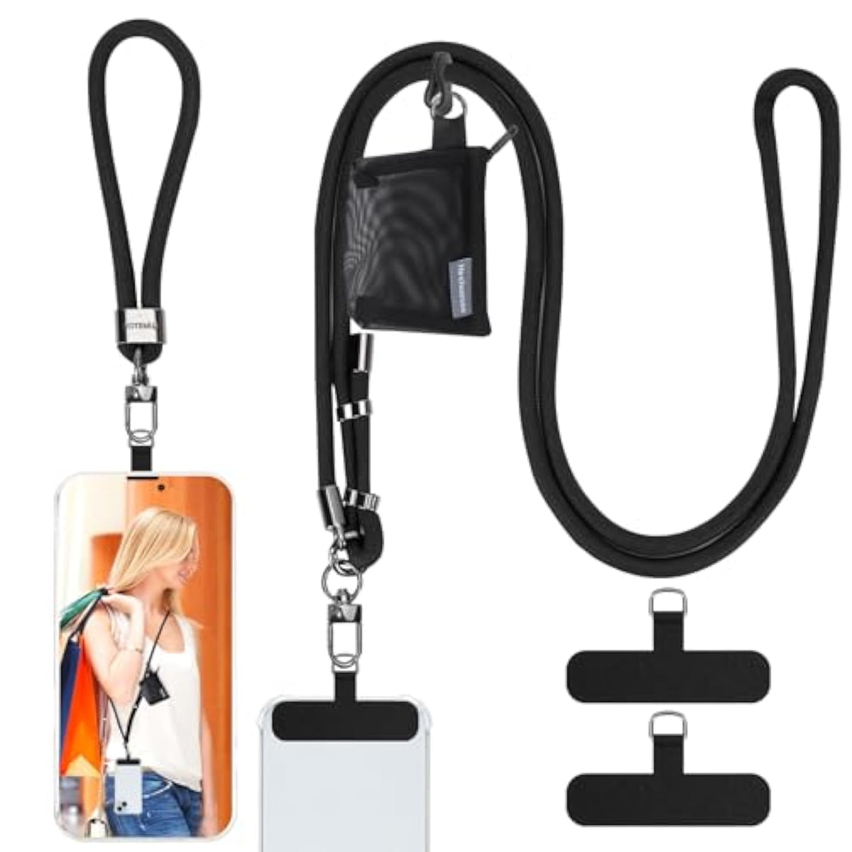 Adjustable Phone Lanyard Crossbody with Detachable Wallet 8mm Black