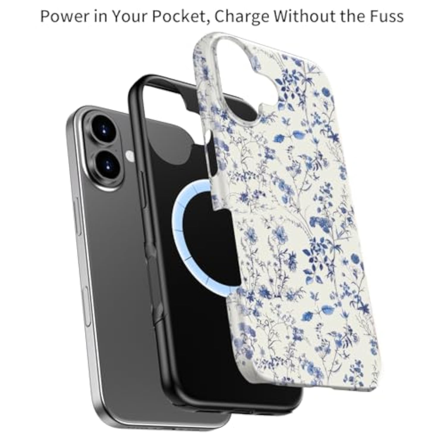 For Iphone 16 Case - Wireless Charging Compatible - Dual-Layer Hard Shell & Silicone Cover - Shockproof Protective Phone Case With Trendy Cute Designs For Women - Elegant Blue Flower