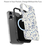 For Iphone 16 Case - Wireless Charging Compatible - Dual-Layer Hard Shell & Silicone Cover - Shockproof Protective Phone Case With Trendy Cute Designs For Women - Elegant Blue Flower