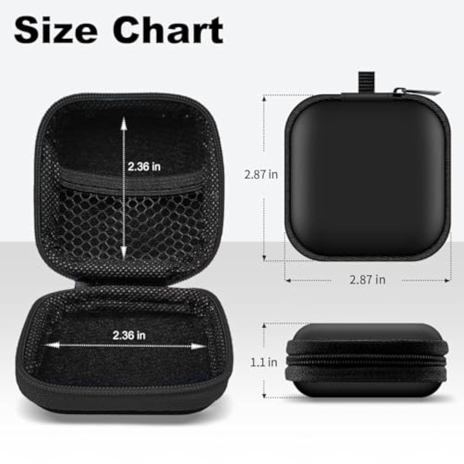 Square Earbud Case Portable Eva Carrying Case Storage Bag Cell Phone Accessories Organizer With Carabiner For Earphone, Earbud, Earpieces, Sd Memory Card, Camera Chips, Tech Pouch, Black