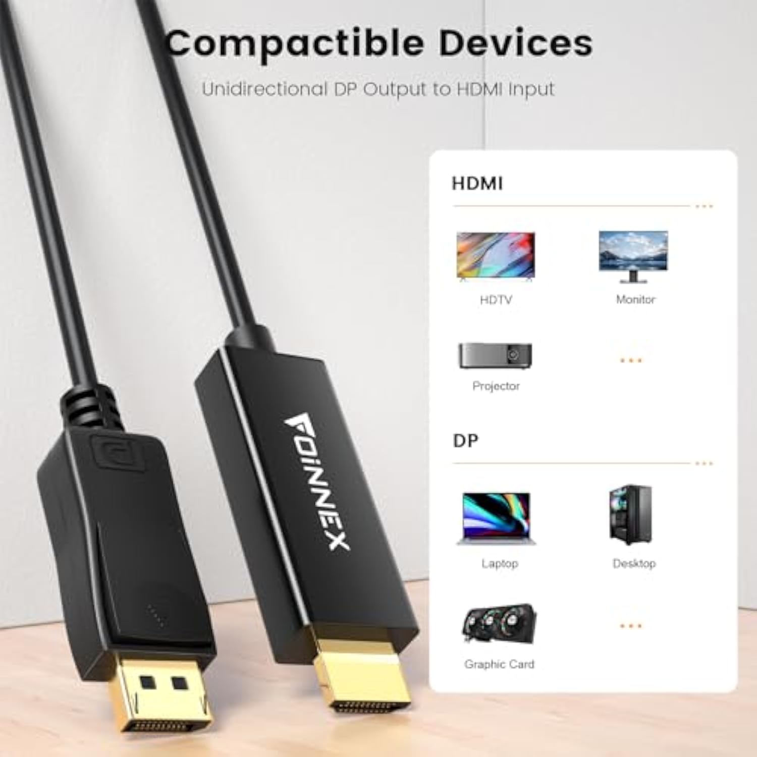 4K Displayport To Hdmi Cable 3.3Ft, High Speed (1440P 60Hz, 1080P 120Hz) Uni-D