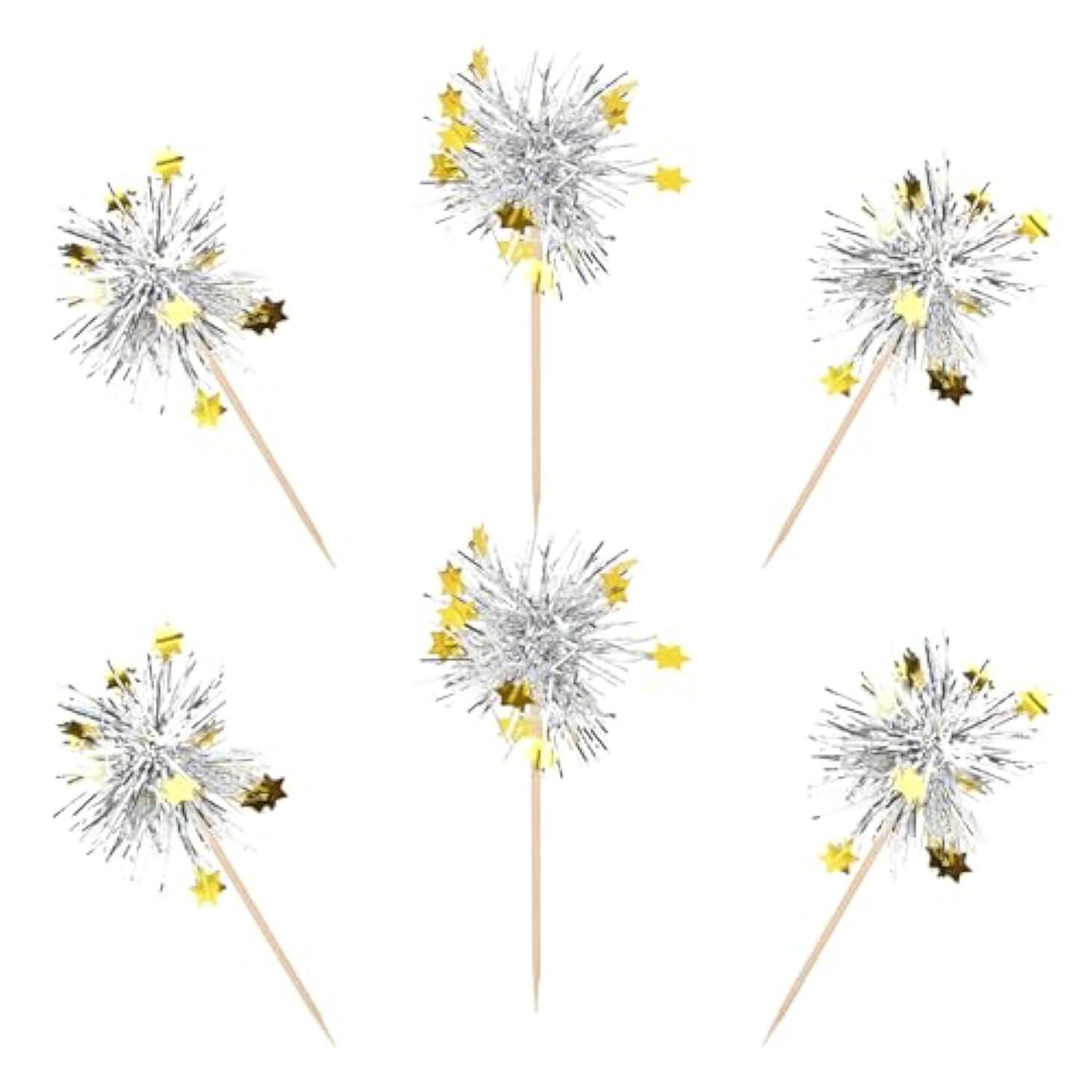 30pcs Foil Firework Cupcake Toppers Stars Sparkle Silver Party Decorations