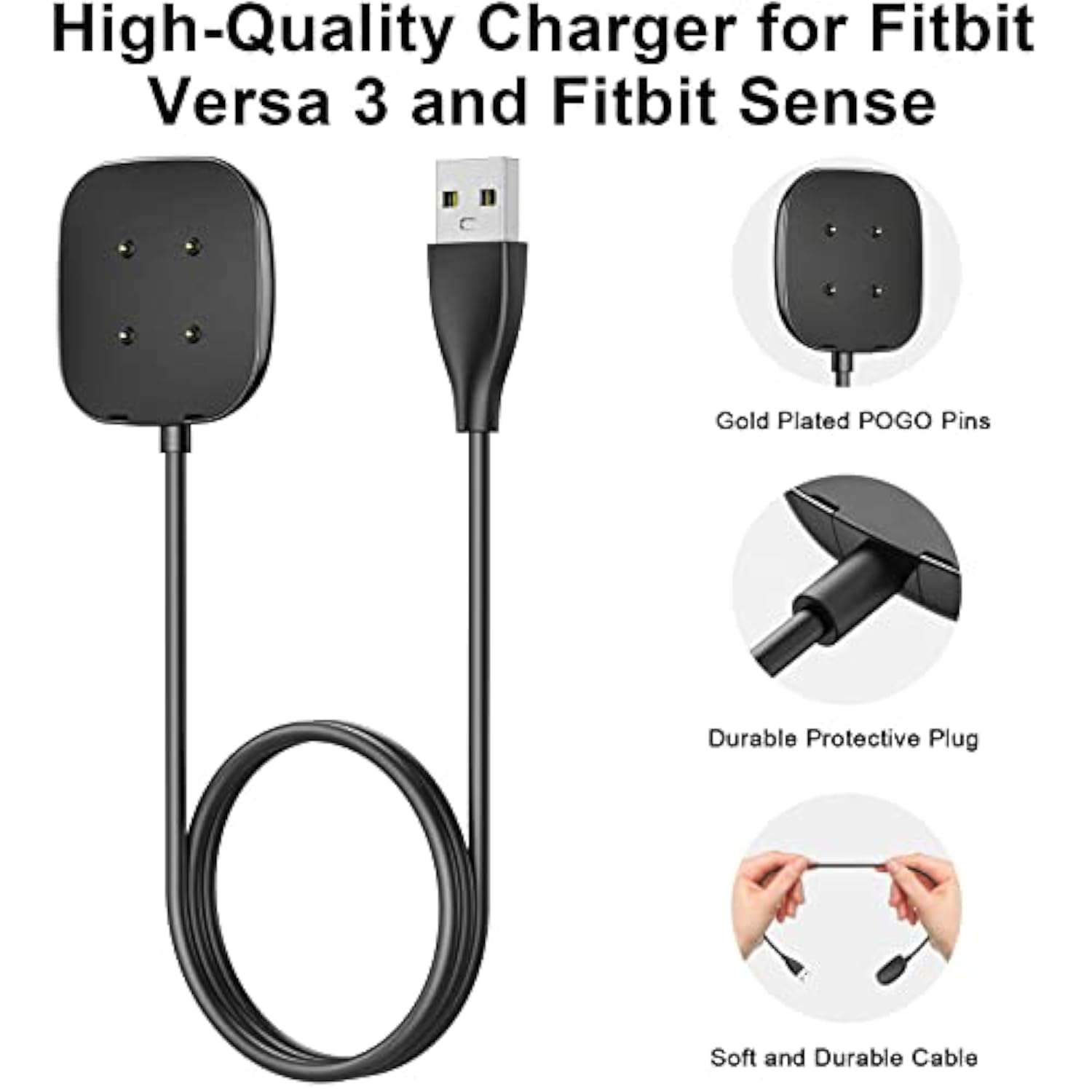 Charger Cable For Fitbit Versa 4/ Versa 3/ Fitbit Sense 2/ Sense Fitness Tracker, Soft Durable Replacement Usb Charging Cable, Two Sizes For Choice (3.3Ft/1.64Ft)