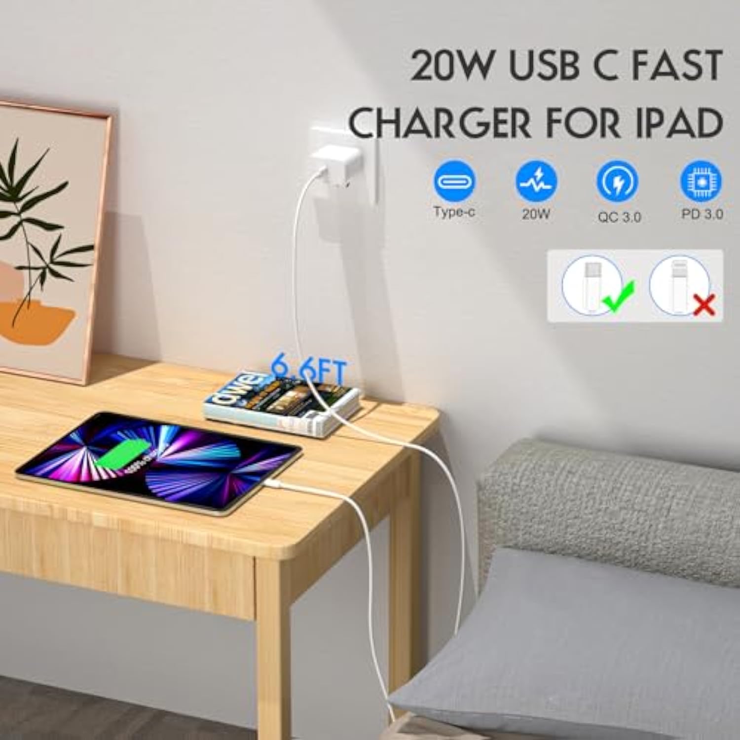 Iphone 16 Charger Fast Charging,20W Usb C Fast Charger For Iphone 16/15/Plus/Pro Max, Ipad Pro 12.9/11 Inch, Ipad Air 5Th/4Th, Ipad 10Th, 2Pack Type C Wall Charger Block With 6Ft Long Usb C To C Cable