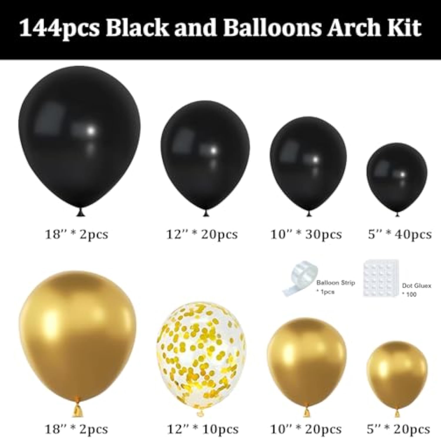 144 Pc Black Gold Balloon Arch Kit Confetti Party Decoration Garland