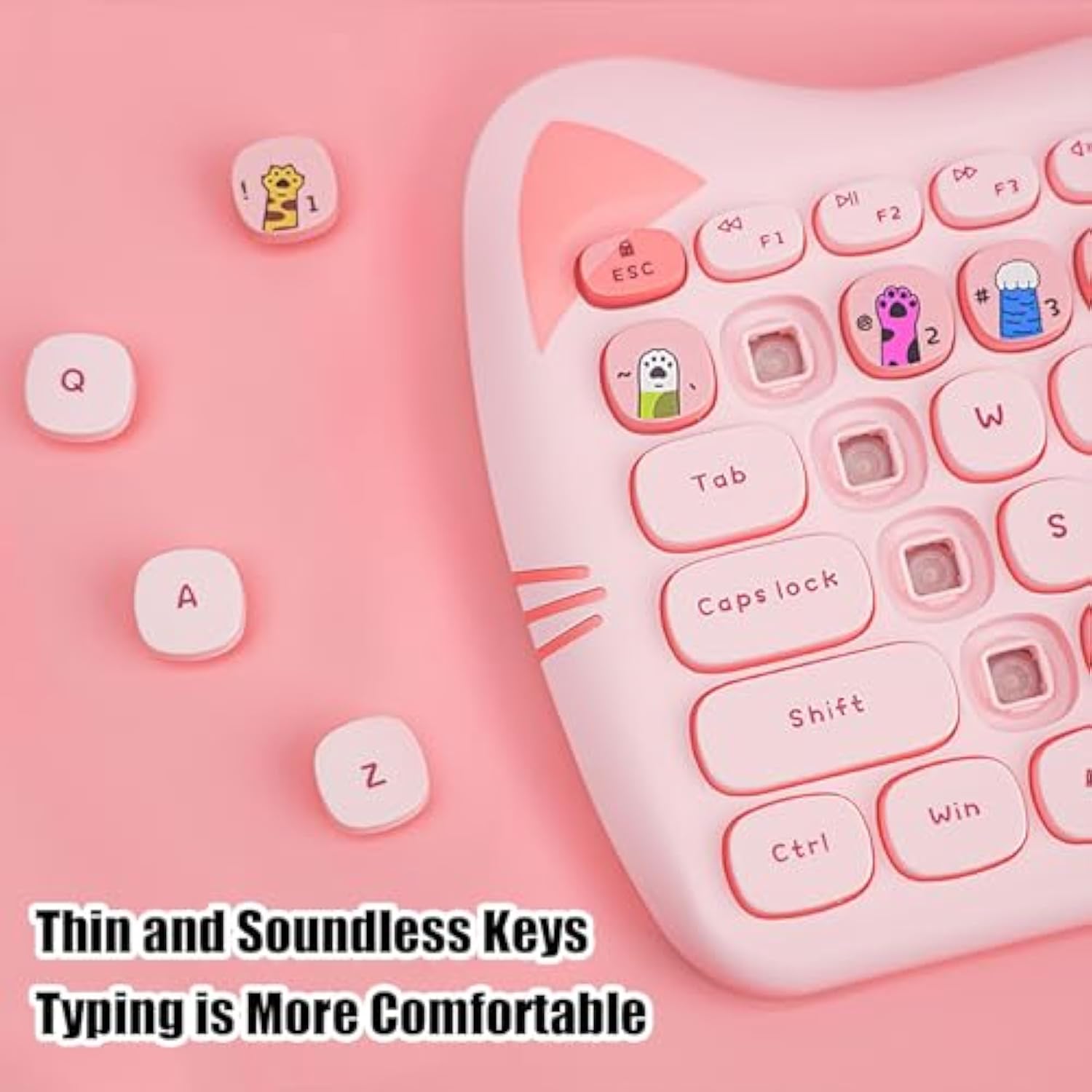 Cute Cat 2.4G Usb Wireless Keyboard And Mouse Combo, Silent Keys, Candy Colors, Compatible With Notebook, Pc (Pink110Keys)