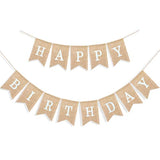 Boho Rustic Happy Birthday Burlap Banner – Neutral Swallowtail Bunting, 2-in-1 Party Decor