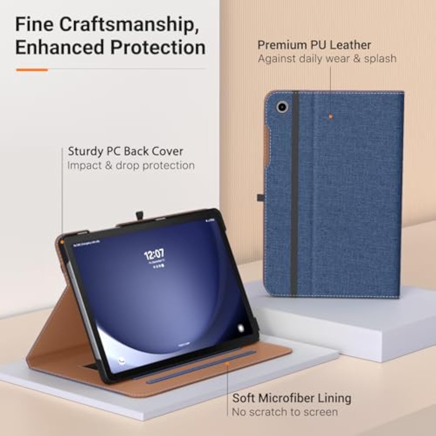 Moko Case For Samsung Galaxy Tab A9 Plus 11" 2023 (Smx210/Smx216/Smx218), Pu Leather Multiangle Viewing Folding Stand Cover Case With Hand Strap, Front Pocket, Auto Wake/Sleep, Denim Blue & Brown