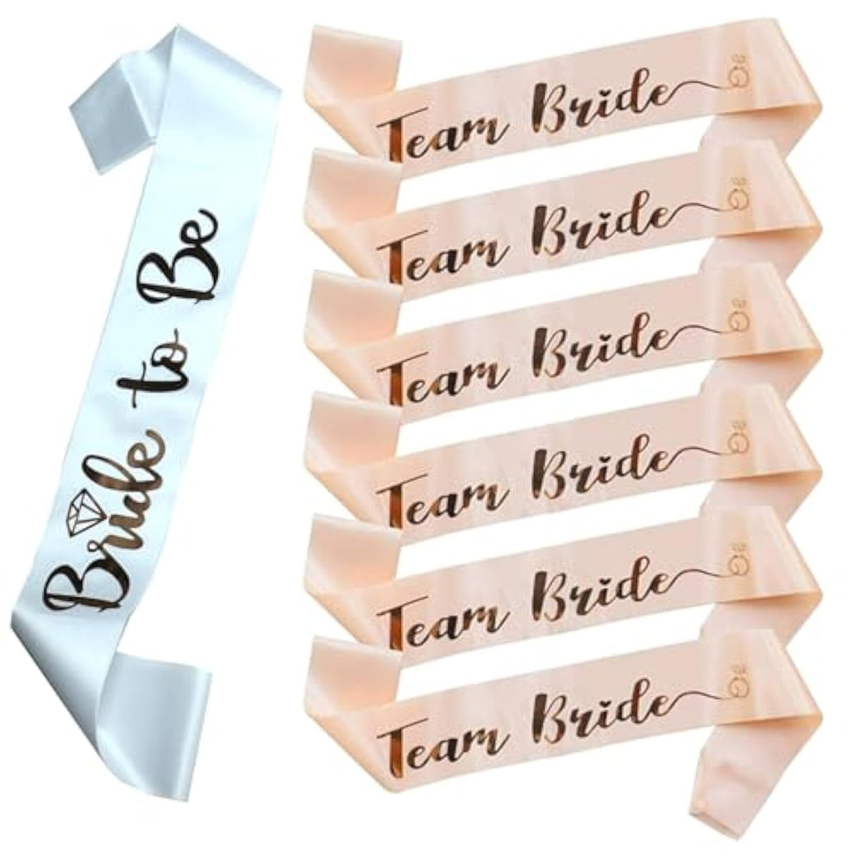 Team Bride Sash Set 7Pc White Rose Gold Bachelorette Party Bridesmaid Decor
