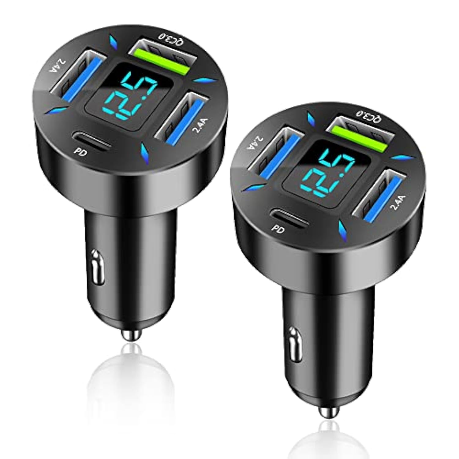 Car Charger 66W Super Fast Charging With Usb C&Qc 3.0(Voltmeter&Led Lights) Universal Quick Charge For 12-24V Car Cigarette Lighter Plug,Compatible With Iphone 14 13,S22,Ipad(2Pcs-Black-Qc/Pd/2.4A)