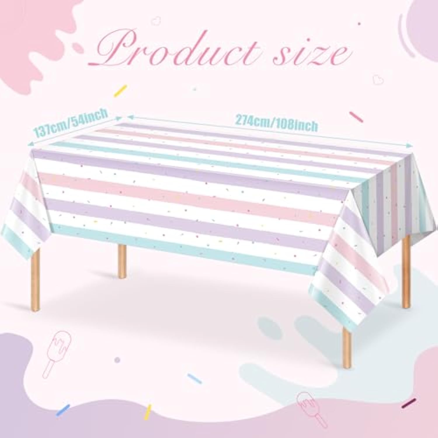 3 Pack Sprinkle Ice Cream Tablecloth Party Decorations, Ice Cream Birthday Plastic Party Supplies, Donut Disposable Rectangle Table Cover For Kids Girls Sweet One Birthday Baby Shower, 54 X 108 Inch