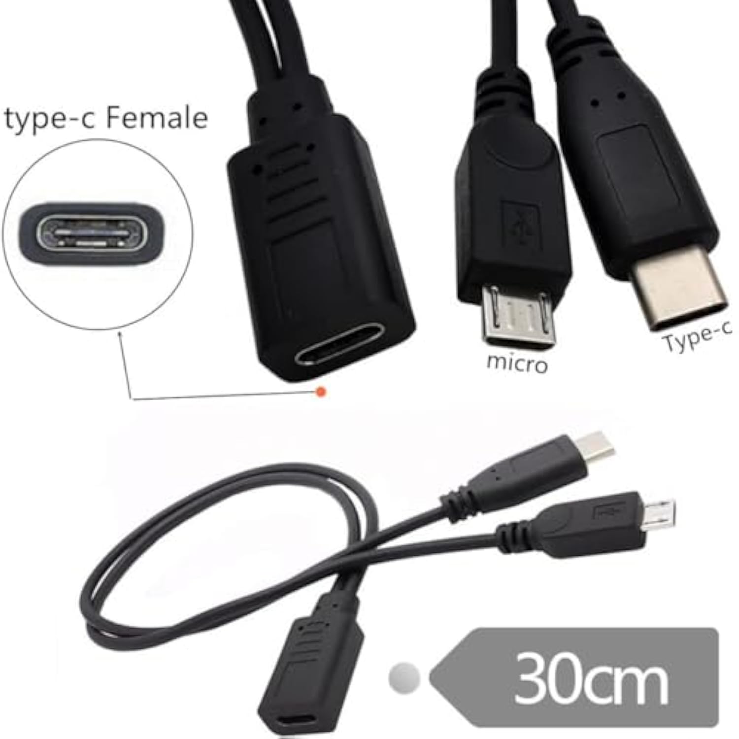 Usb C Splitter Cable, Usb Type C Female To Male And Micro Usb Male Y Splitter