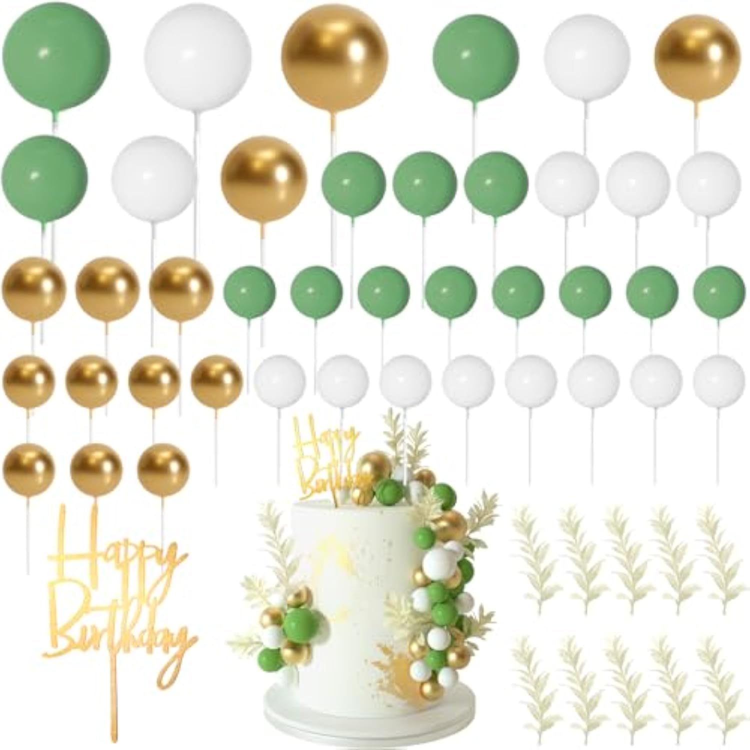 Boho Ball Cake Toppers Green, Gold, & White Grass Insert Decor for Parties
